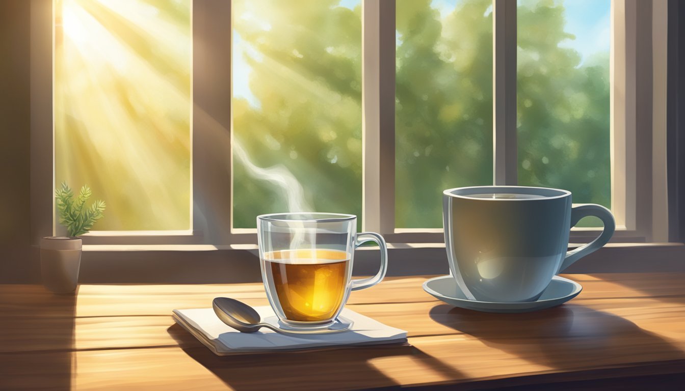 A cup of herbal tea and a mug of water on a wooden table, illuminated by sunlight streaming through a window.