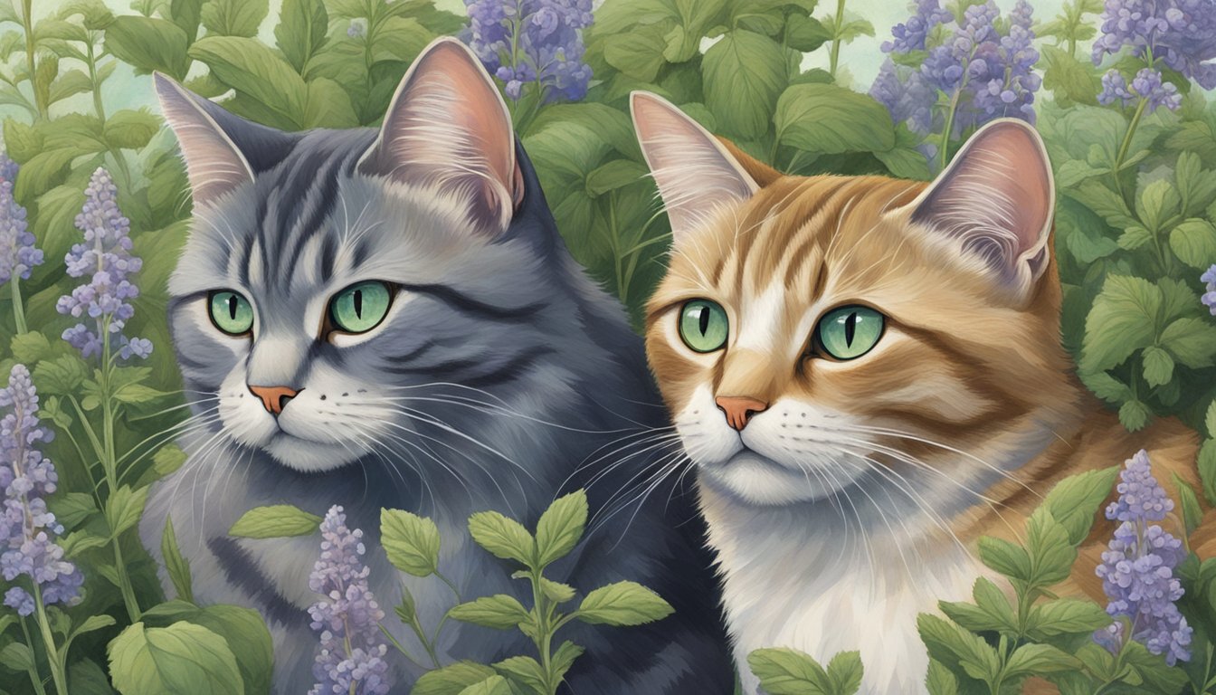 Two cats amidst green foliage and purple flowers, illustrating the attraction of cats to catmint and catnip.