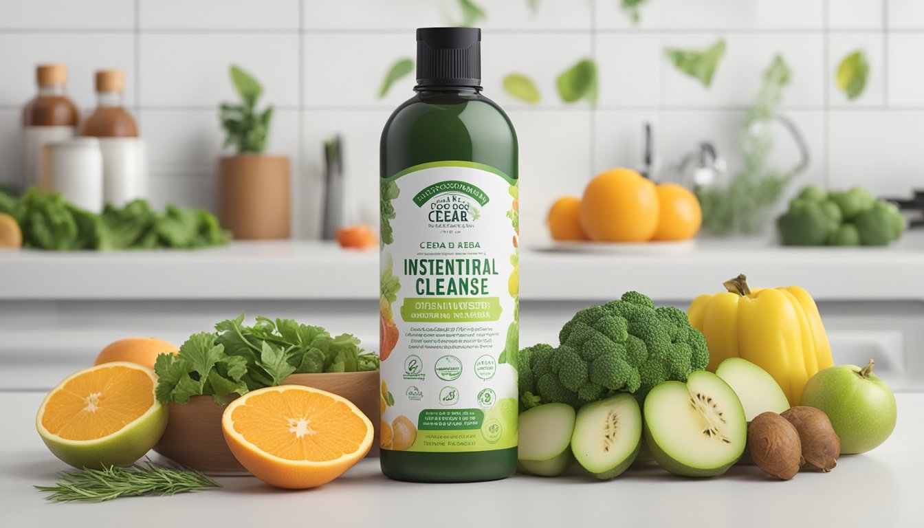 A bottle of Cedar Bear Intestinal Cleanse surrounded by fresh fruits and vegetables on a kitchen countertop.