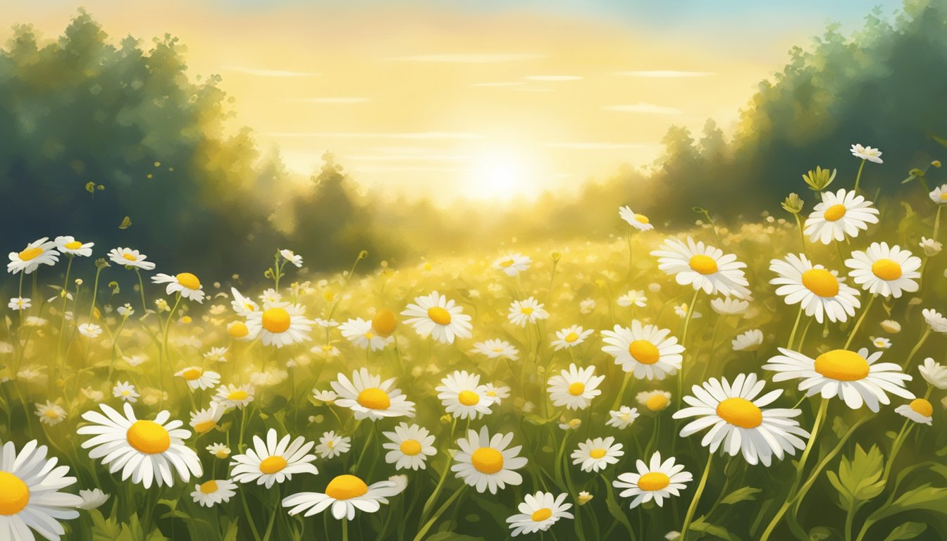 A serene field of daisies bathed in the golden light of the setting sun, illustrating the natural beauty and calm associated with chamomile and daisy flowers.