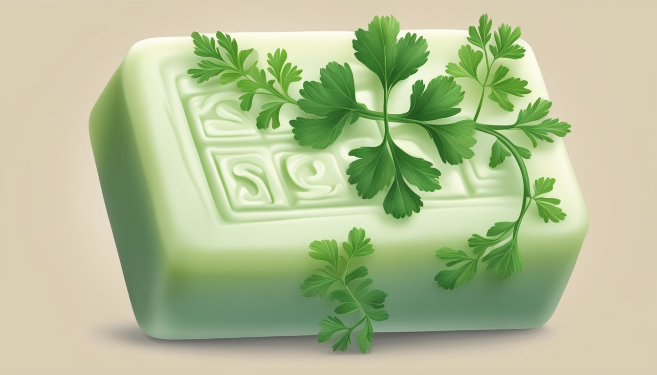 An illustration of a bar of soap with cilantro leaves on it.