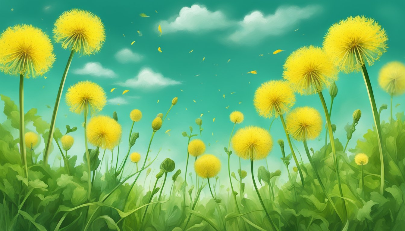 A vibrant illustration of yellow dandelions with fluffy seed heads, surrounded by green foliage under a bright sky.