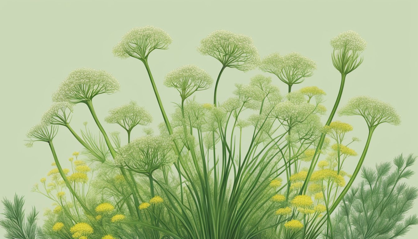 A vibrant illustration showcasing the distinct features of dill and fennel plants against a light green background.