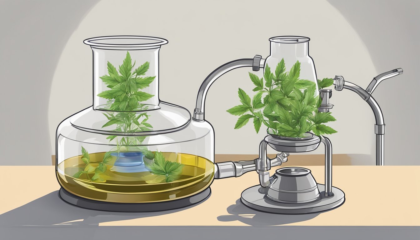 An illustration of a distillation apparatus with green herbs in the boiling flask and receiving flask, showcasing the process of herb distillation.