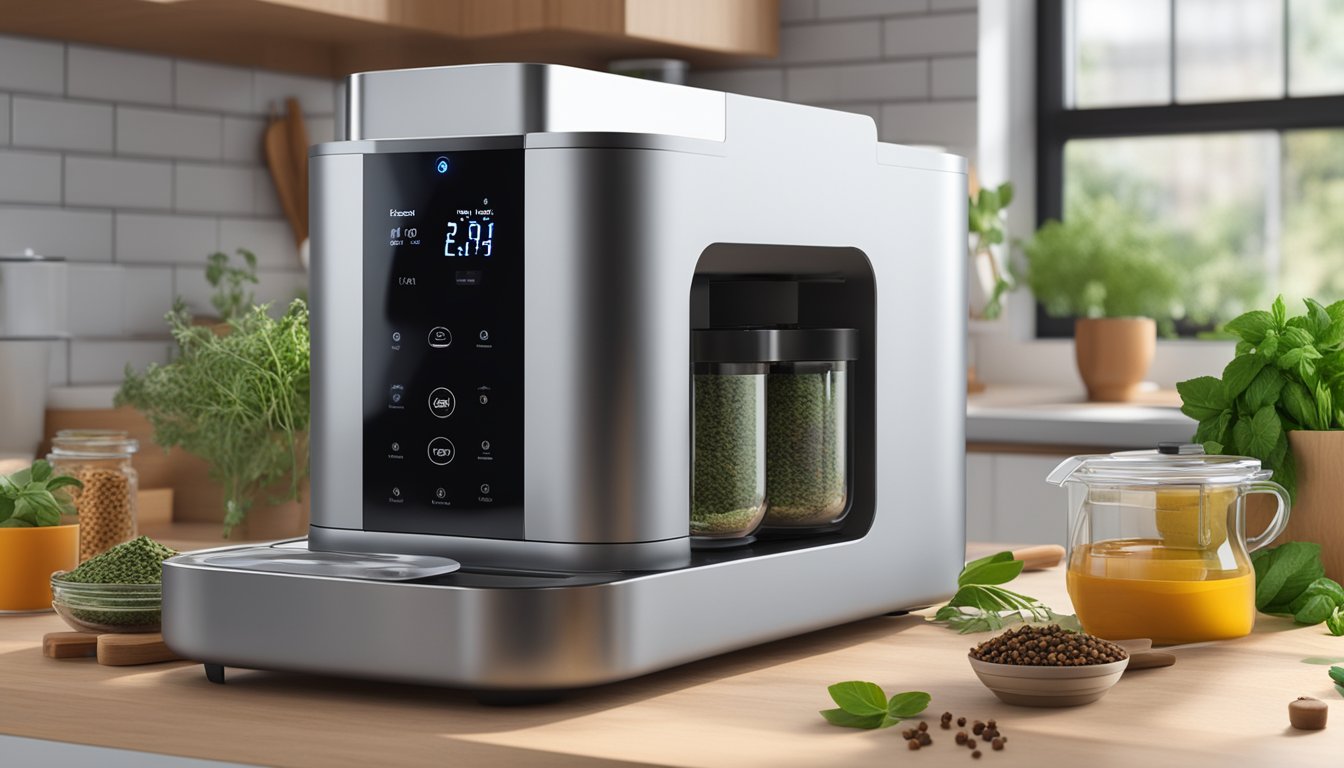 A modern Ecru Herb Decarboxylator with a digital display is placed on a wooden countertop, surrounded by various herbs and spices.