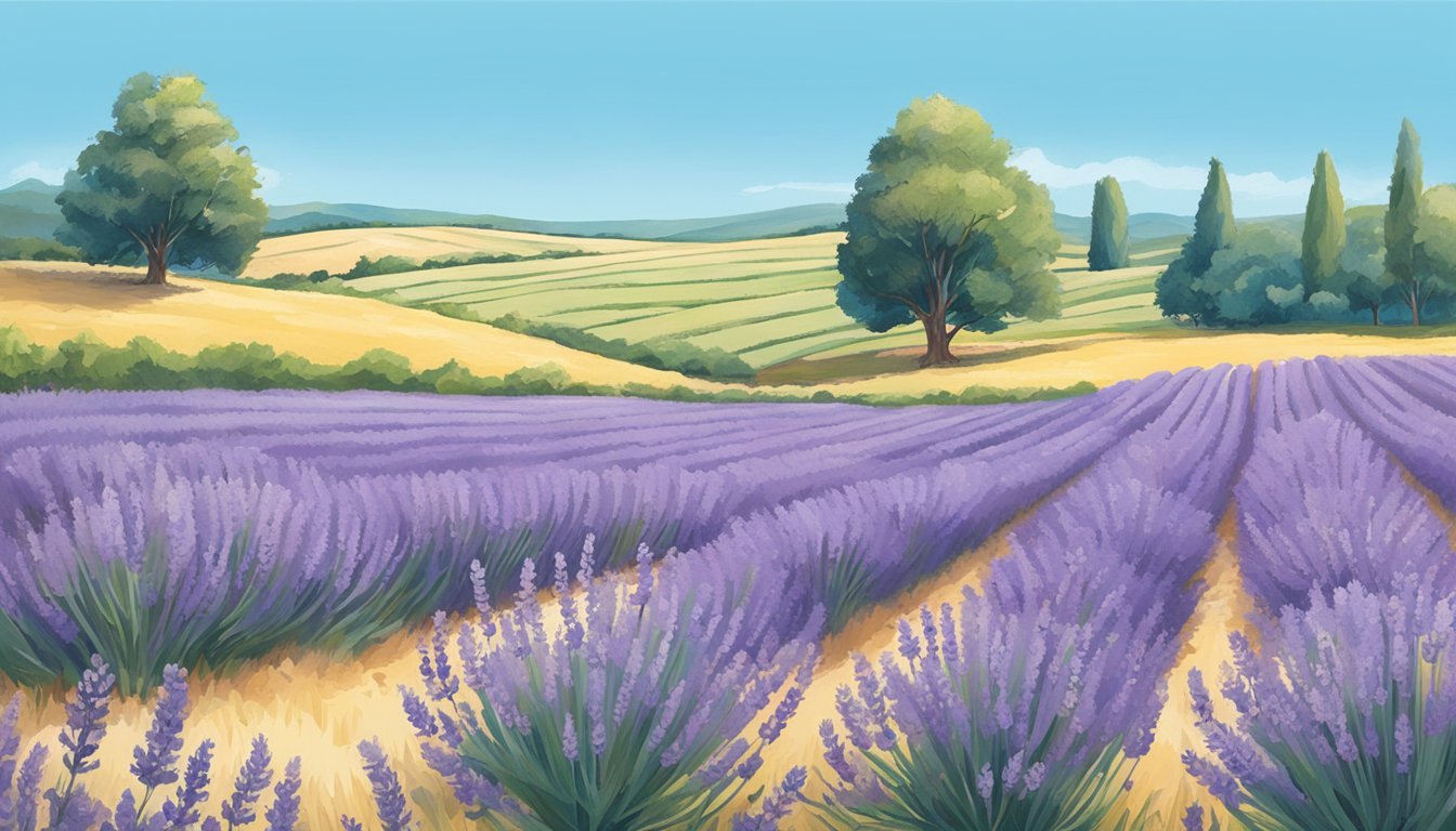 A vibrant illustration of a lavender field with rolling hills and trees in the background.