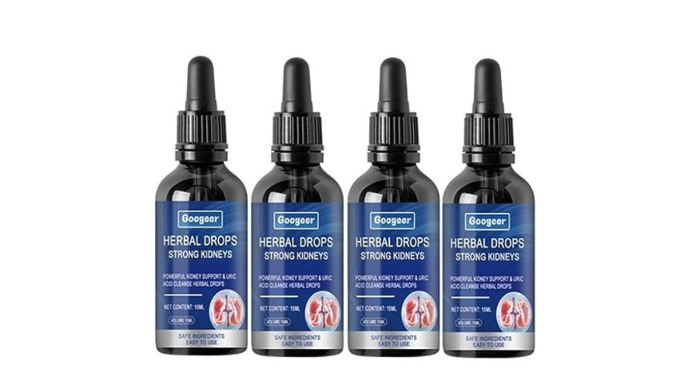 Four bottles of Googeer Herbal Drops for Strong Kidneys, each with a dropper cap and labeled with details about kidney support and uric acid cleanse.