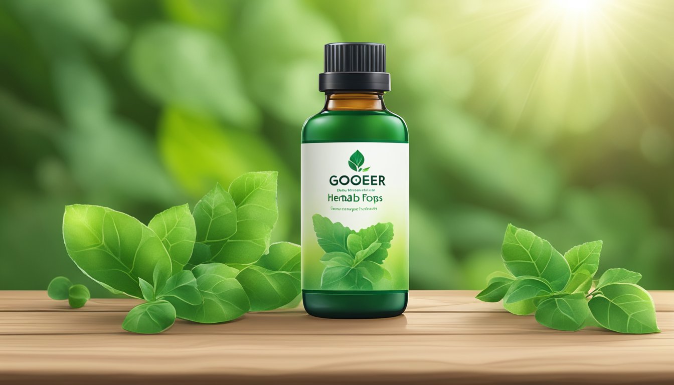 A bottle of Googeer Herbal Drops on a wooden surface, surrounded by fresh green leaves, with a natural green background illuminated by sunlight.