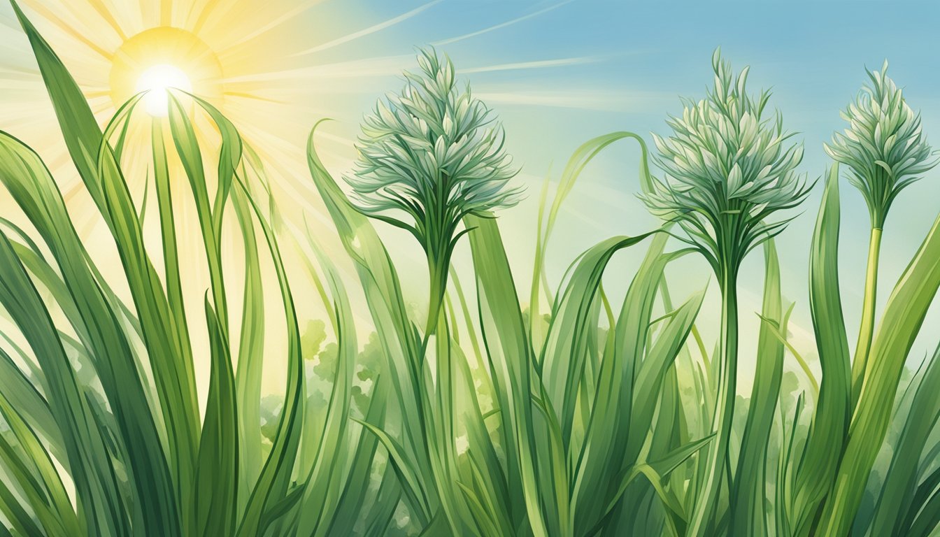 Illustration of green onion and chives plants against a backdrop of a bright sun and blue sky.