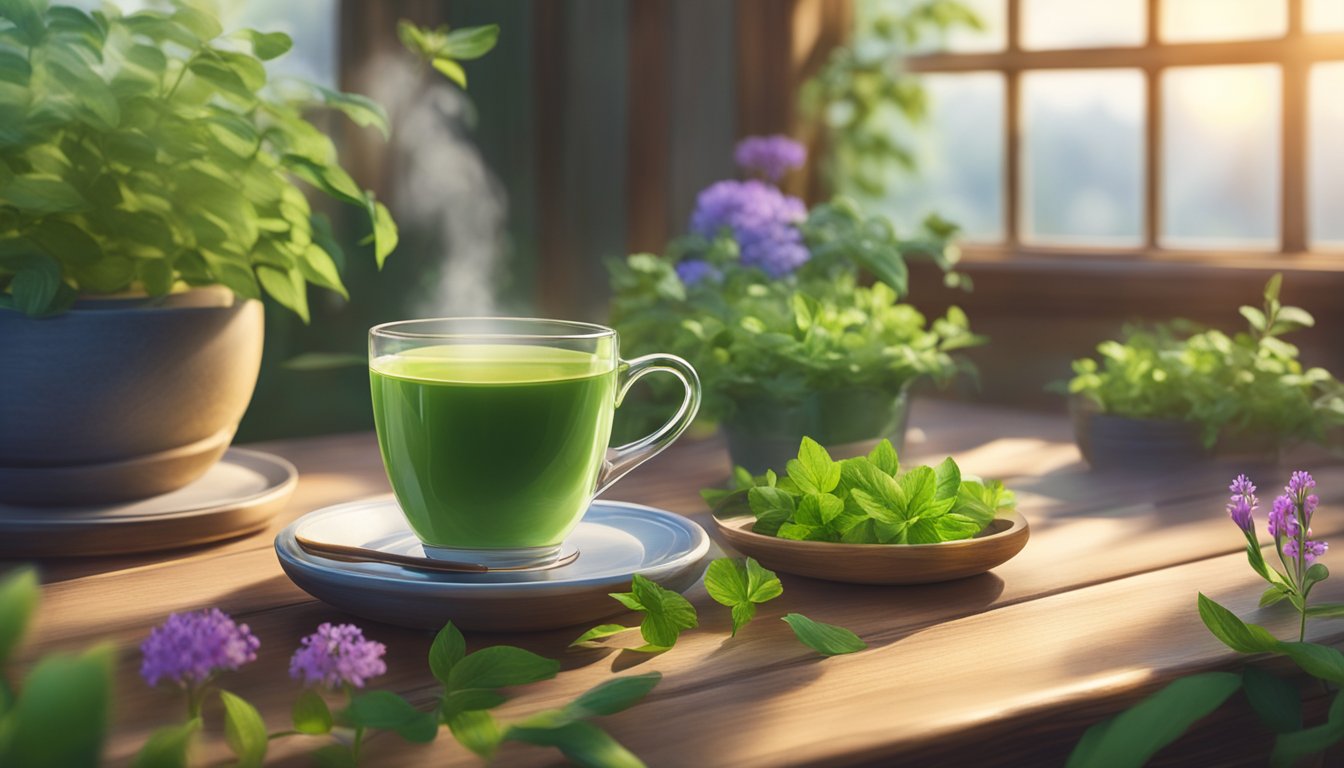 A cup of green herbal tea steaming on a wooden table, surrounded by fresh green plants and herbs, with sunlight streaming through a window in the background.