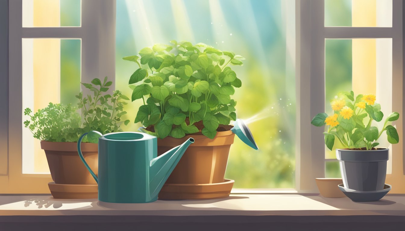 Illustration of potted herbs on a windowsill with a watering can.