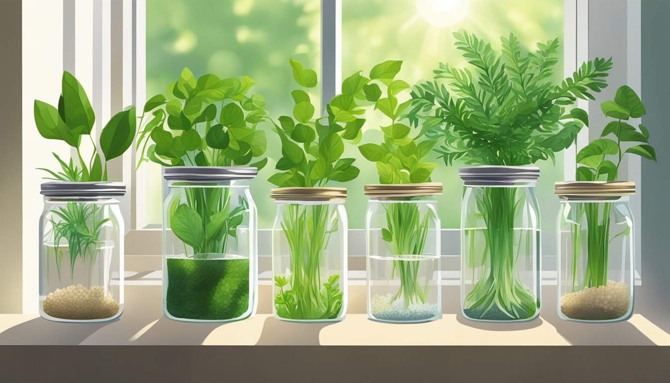 An illustration of various herbs growing in water-filled jars on a windowsill.