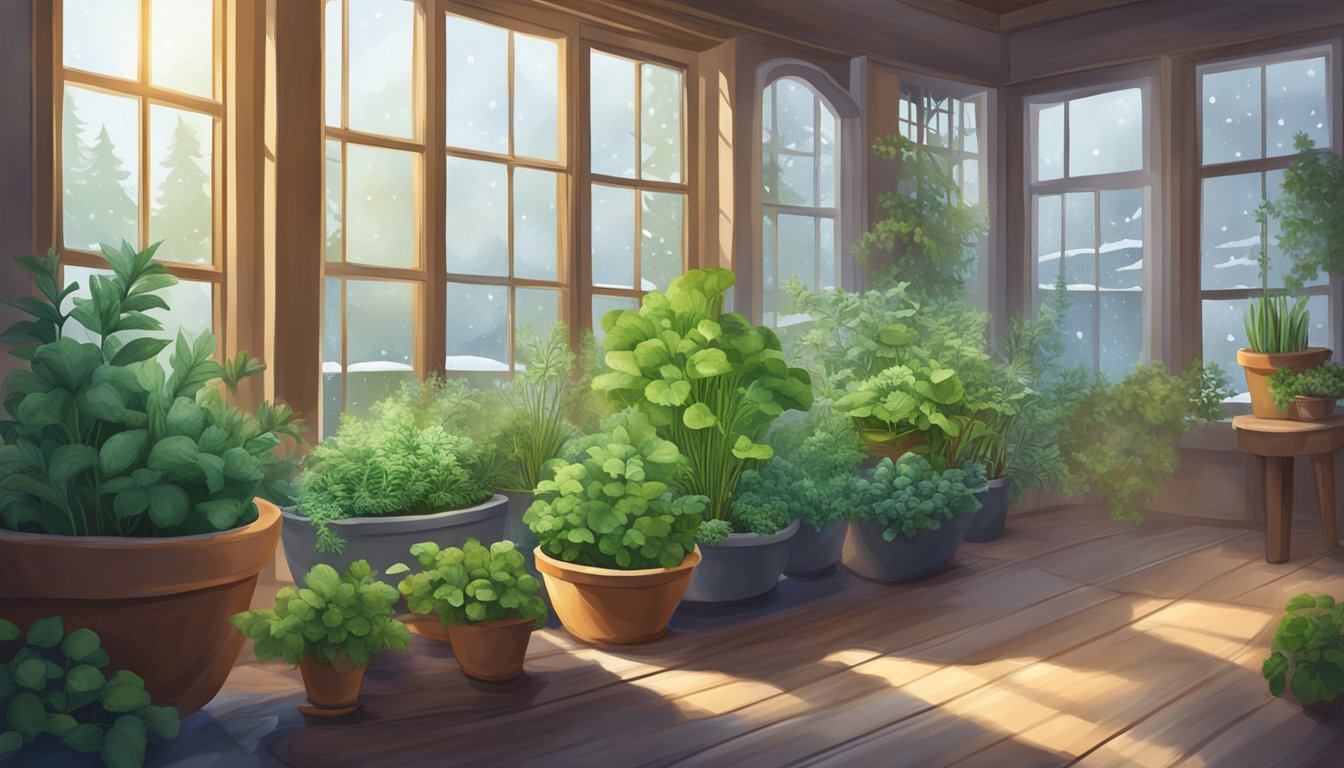 Illustration of a variety of herbs growing in pots on a wooden floor in front of a window with a snowy landscape outside.