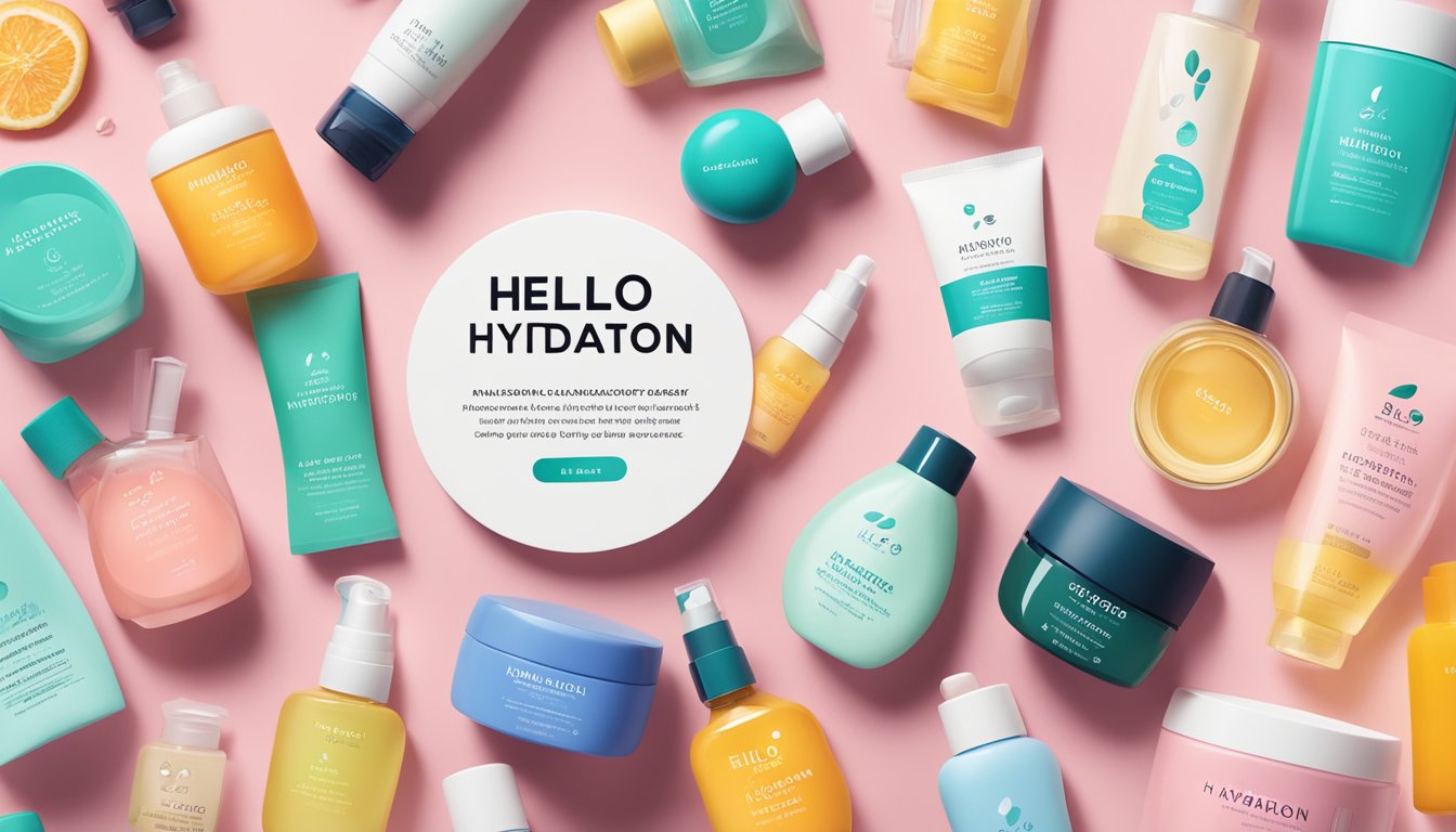 A variety of skincare products displayed on a pink background with a central label reading “HELLO HYDATON.”