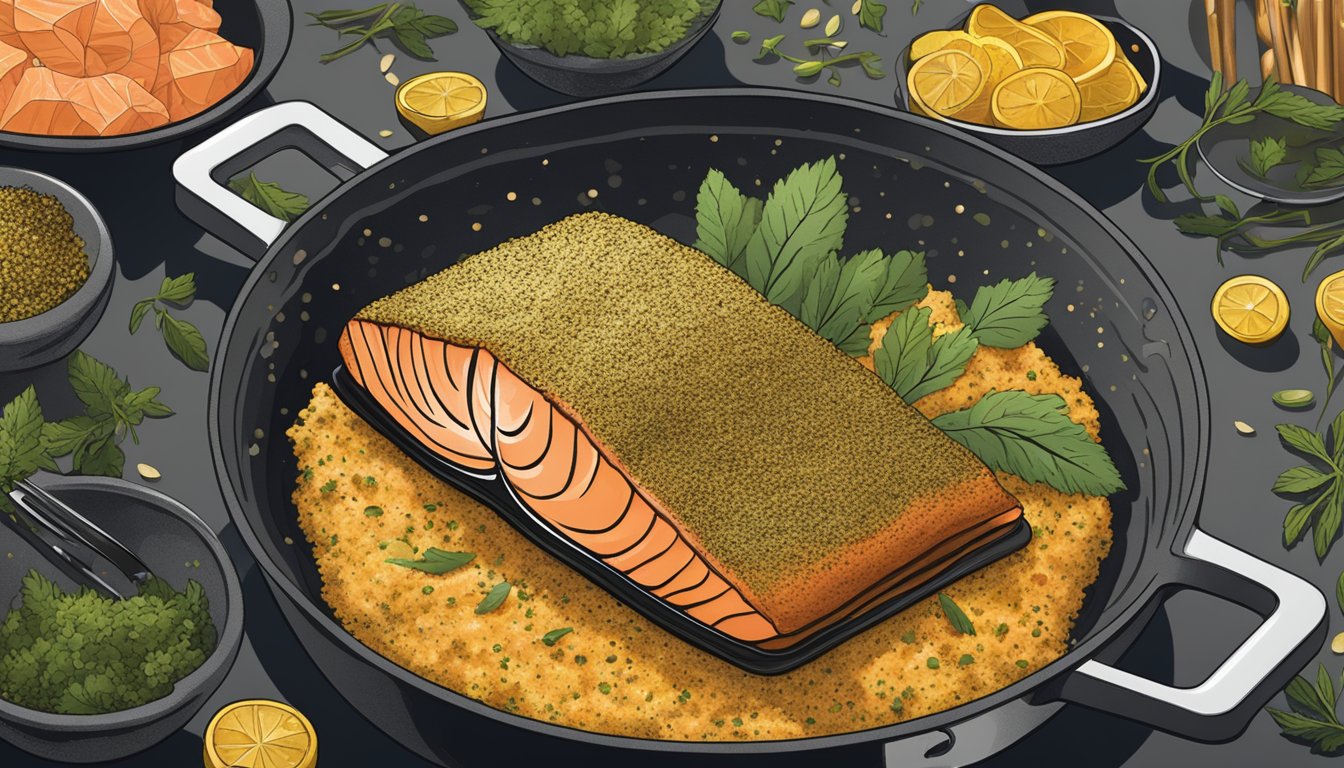Illustration of a salmon filet in a skillet with herbs and lemon slices.