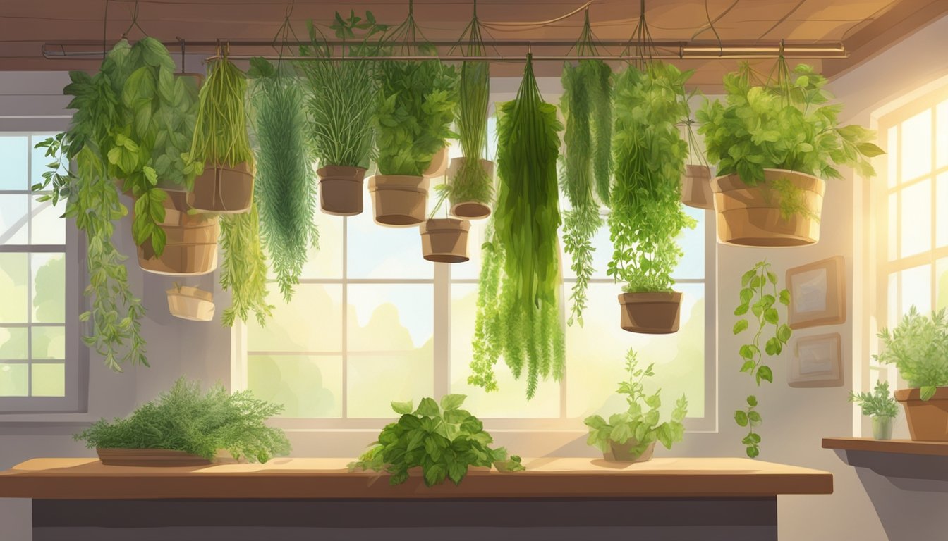 An illustration of an herb dryer with various herbs.