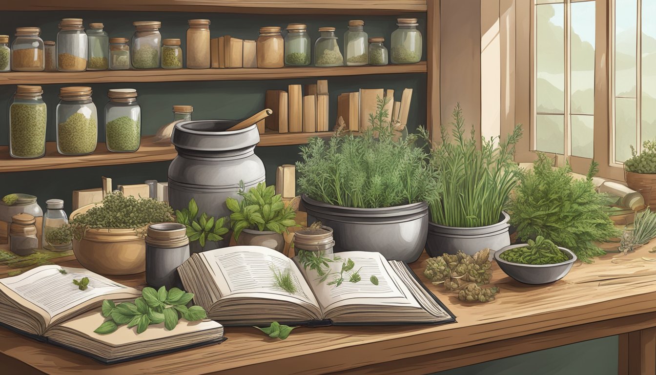 Illustration of a herb shelf with various plants and jars.