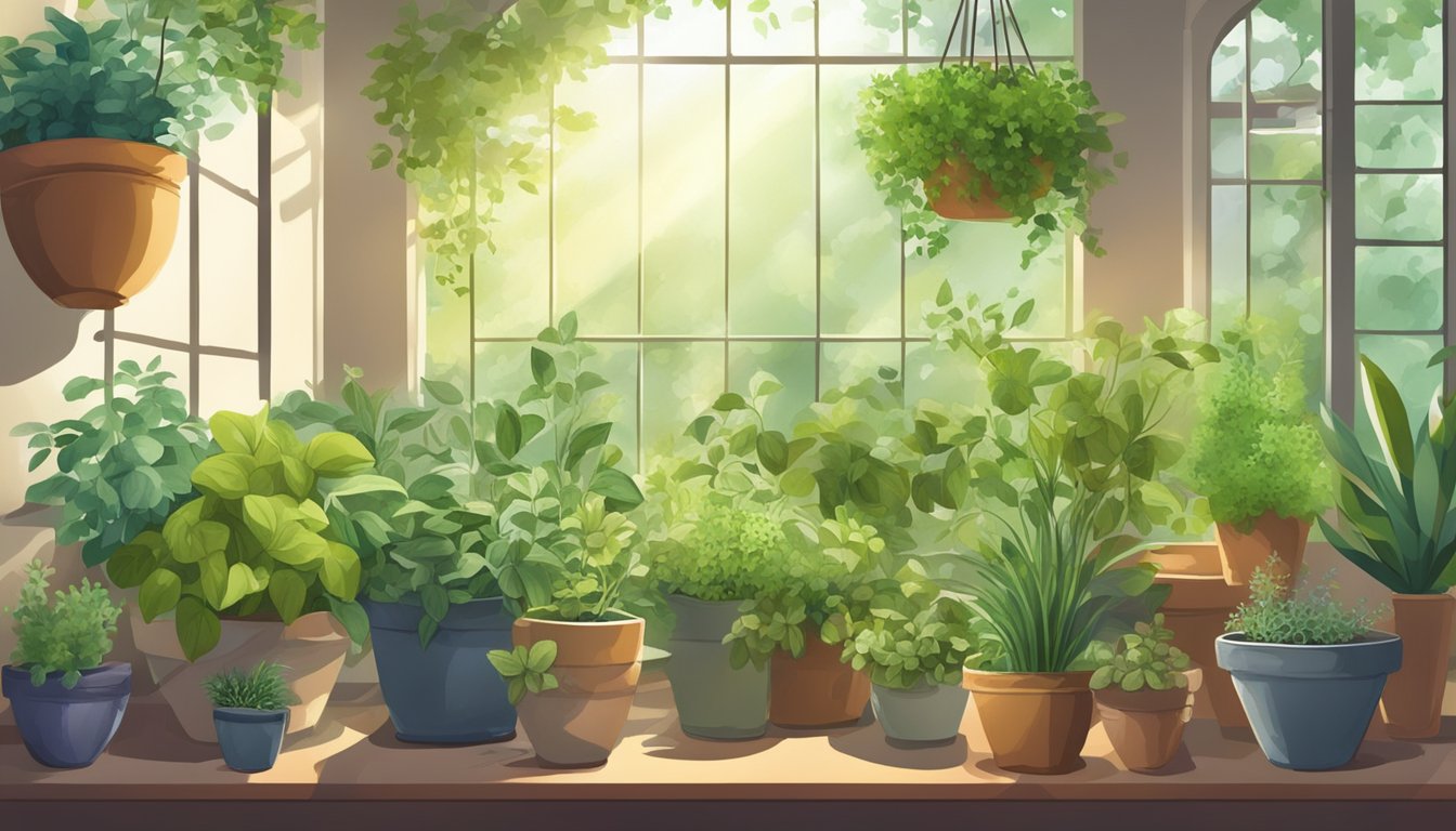 Illustration of potted herbs on a kitchen windowsill with a beautiful view of nature in the background.