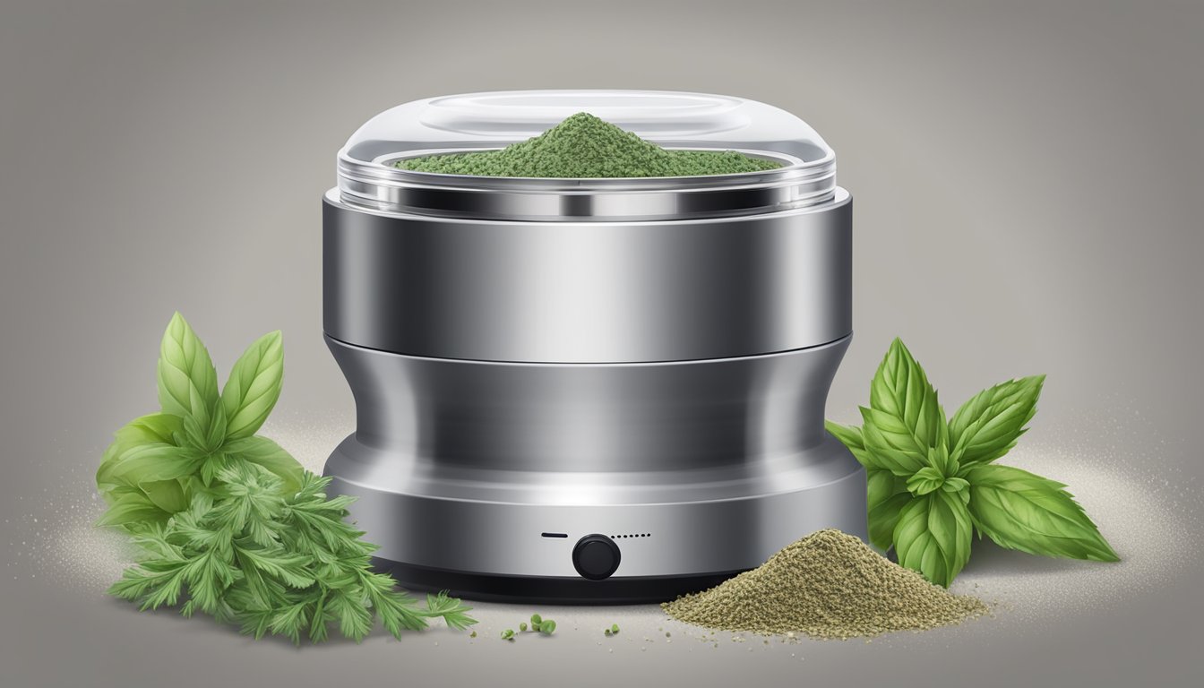 A modern herb grinder filled with freshly ground herbs, surrounded by basil and parsley leaves and a pile of ground herbs.