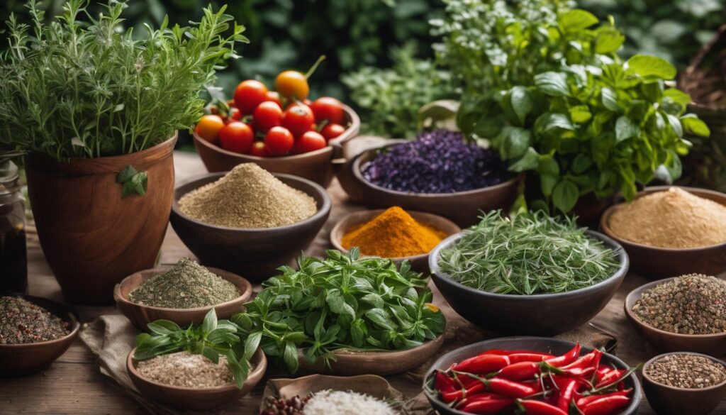 Illustration of a variety of herbs and spices in bowls and pots on a wooden table.