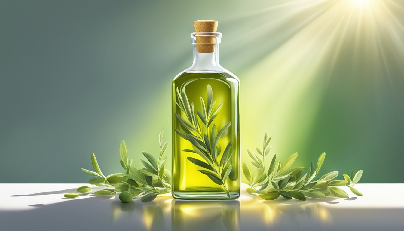 A bottle of herb infused olive oil with scattered leaves.
