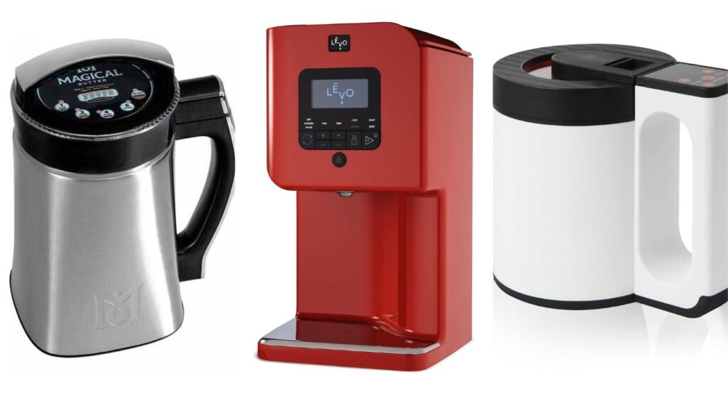 Three different models of herb-infuser machines are displayed side by side.