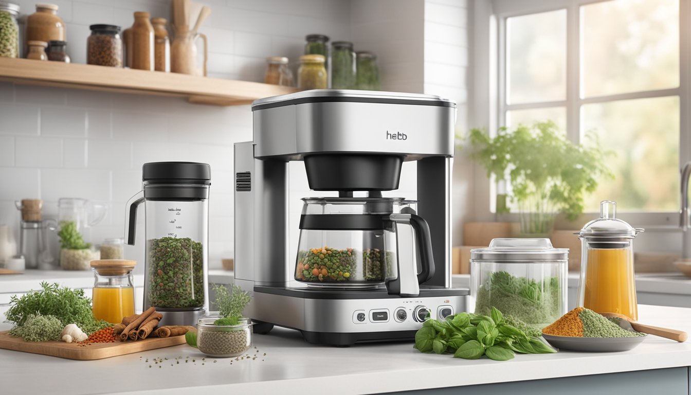 Illustration of a herb infuser machine on a kitchen counter with various herbs and spices around it.