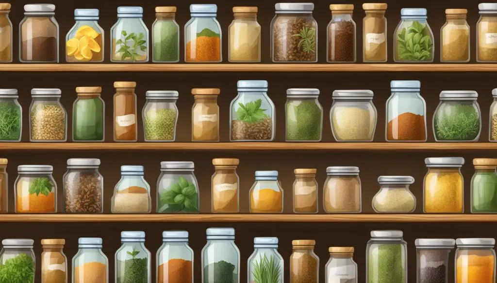 An assortment of herb jars on a wooden shelf.