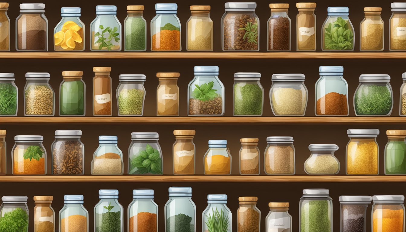 An assortment of herb jars on a wooden shelf.
