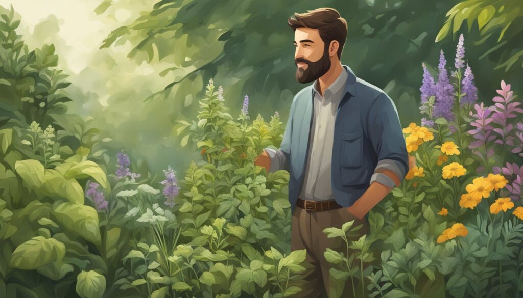 Illustration of a man in a garden with various herbs and flowers.