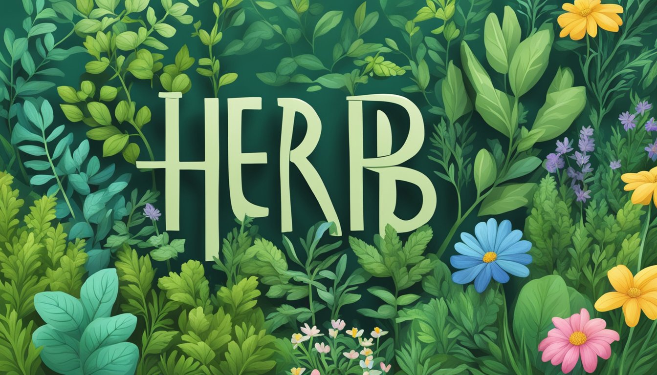 A digital illustration of the word “HERB” surrounded by various plants and flowers.