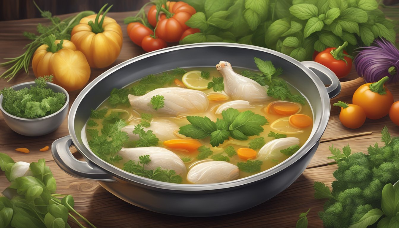 A pot of Herb Ox Chicken Bouillon with vegetables and herbs.