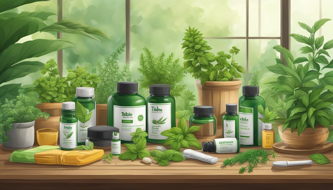 A variety of herbal products from Herb Pharm displayed on a wooden surface, surrounded by lush green plants.