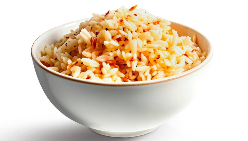 A bowl of herb-infused rice garnished with red pepper flakes and herbs.
