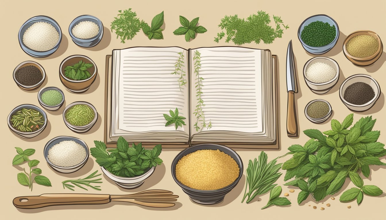 Illustration of an open cookbook surrounded by bowls of herbs and rice