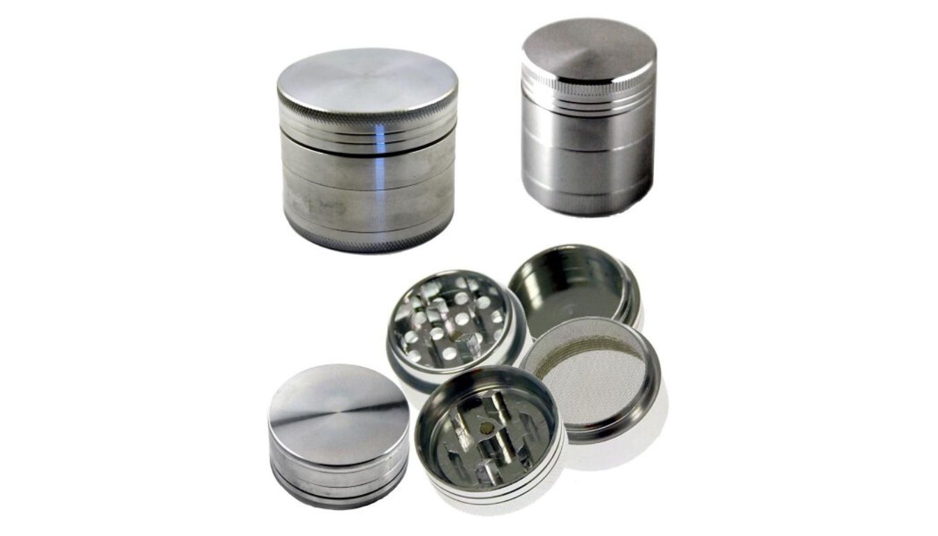 Disassembled and assembled views of a multi-piece Herb Ripper Grinder, showcasing its metal construction, sharp teeth, kief screen, and collection chamber.