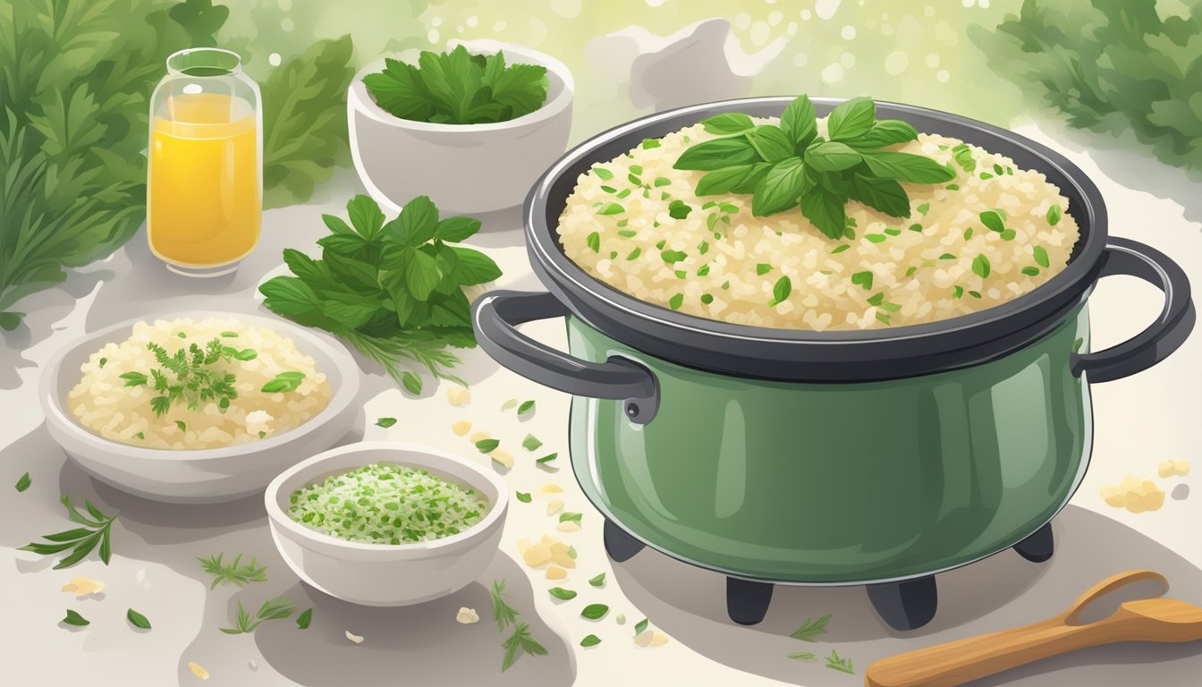 Illustration of a pot of herb risotto with various herbs and ingredients surrounding it.