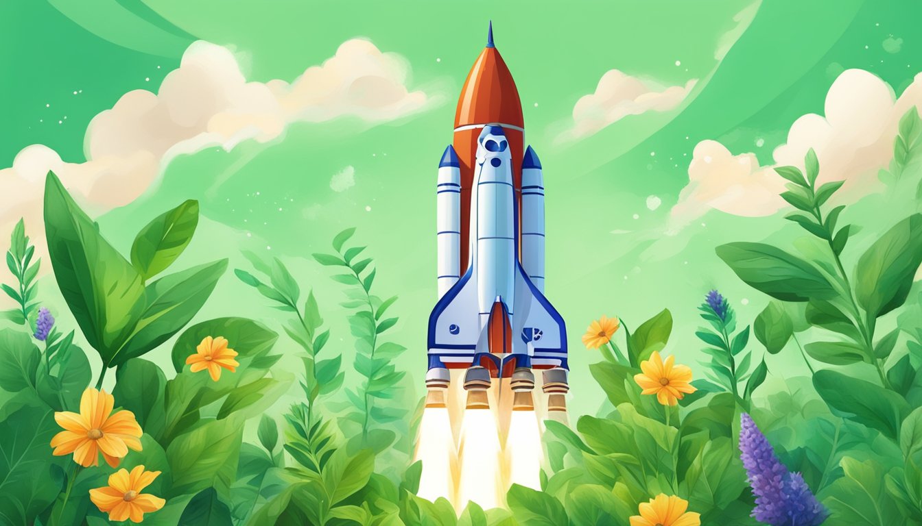 A colorful illustration of a space shuttle launching amidst lush greenery and blooming flowers under a bright sky.
