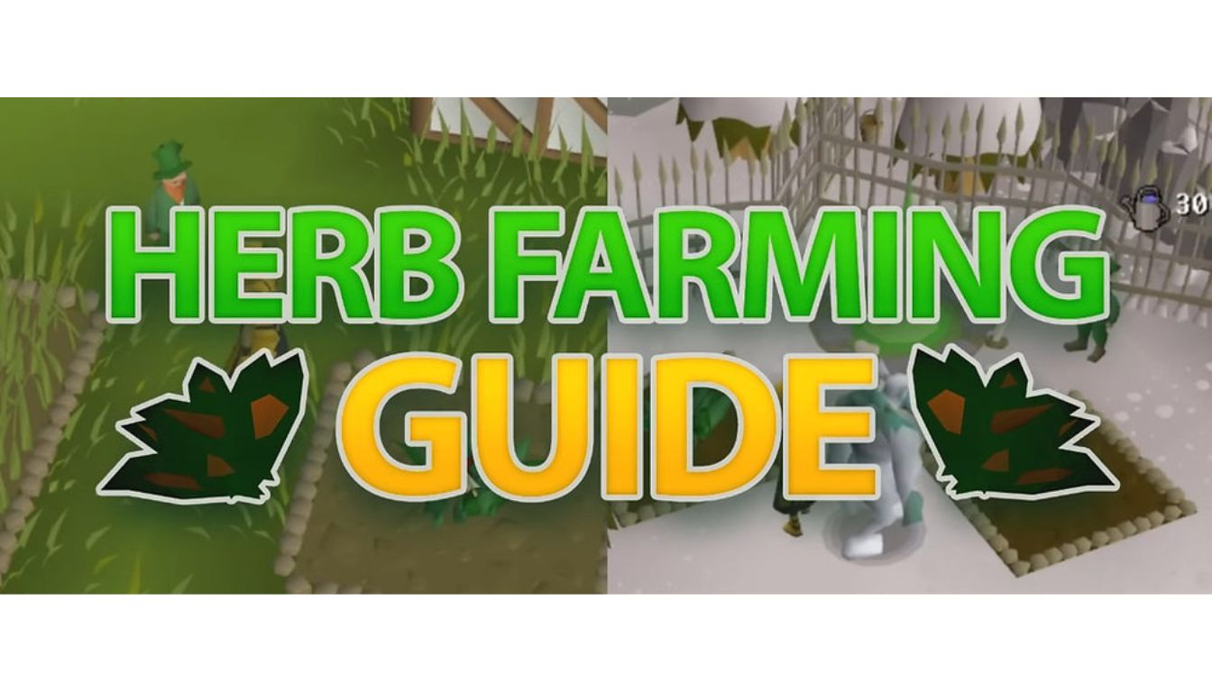 Herb Farming Guide text overlay on a game screenshot with green and yellow text.