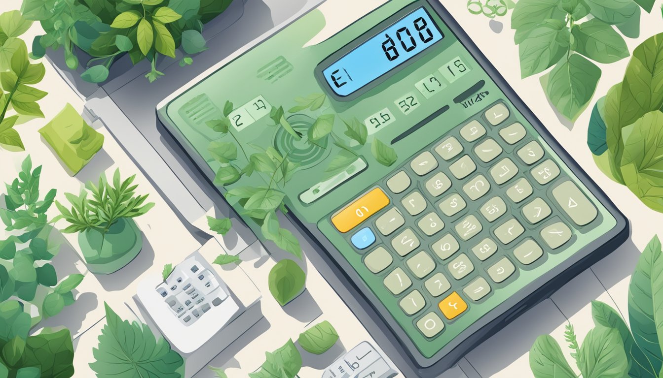 A light green calculator surrounded by various herbs and plants.