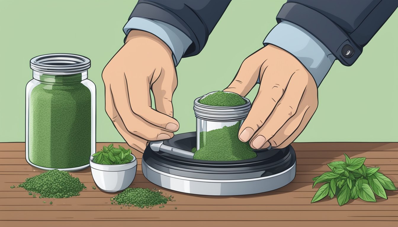 A person using a herb grinder to grind fresh green herbs.