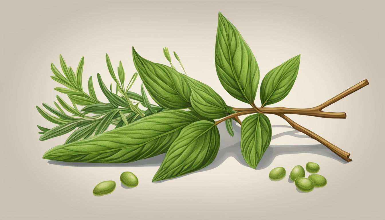 Illustration of a sprig of basil and rosemary with green beans.
