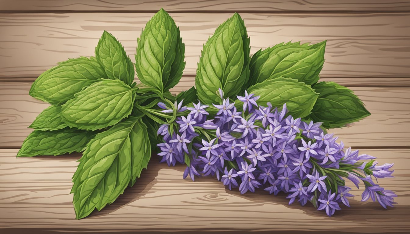 Illustration of a herb with green leaves and purple flowers, known for its licorice-like flavor.