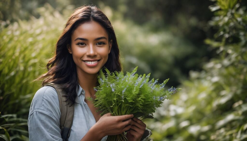 A person holding a bunch of green herbs in a garden.