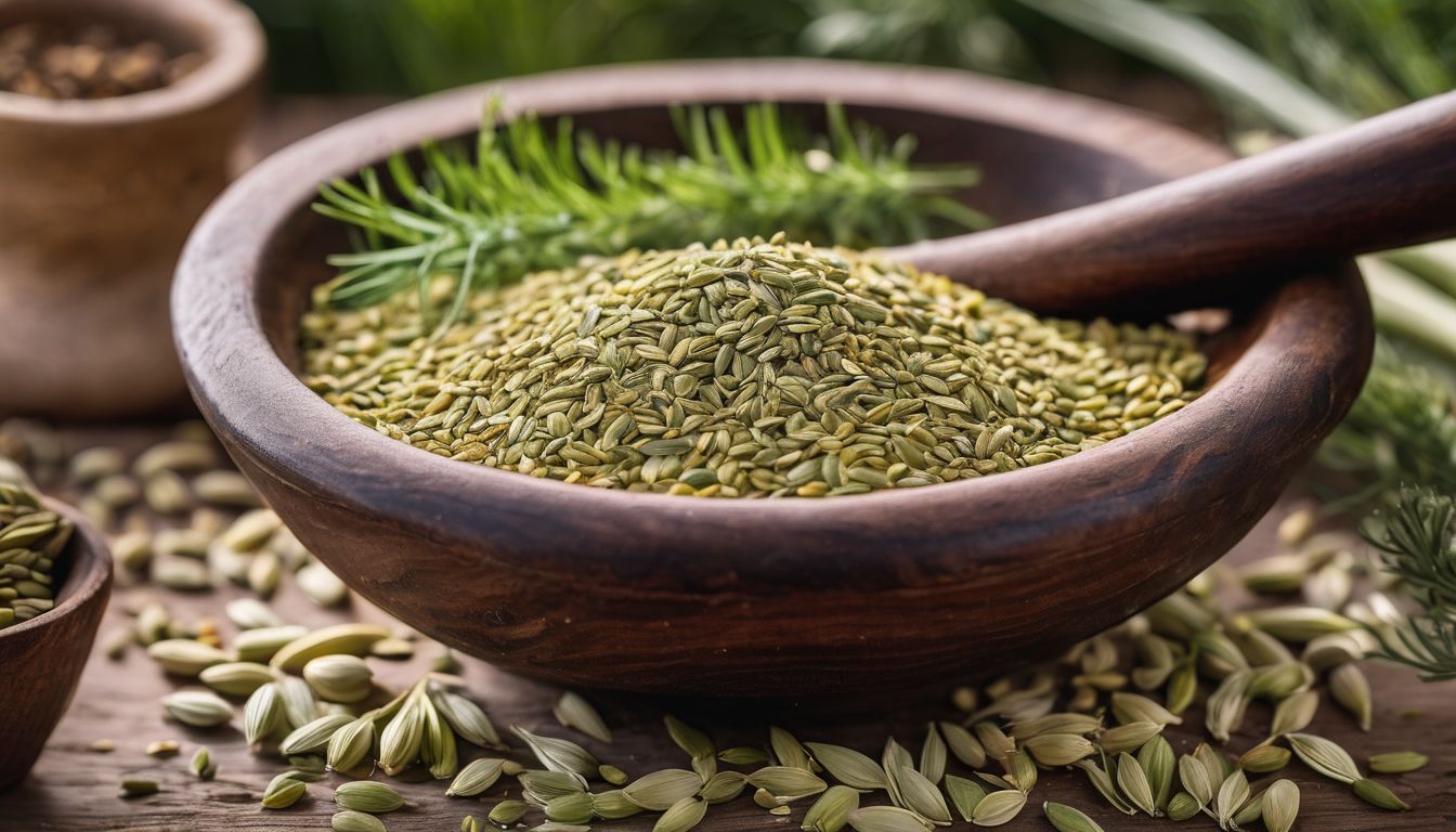 A wooden bowl of fennel seeds with a wooden spoon and other herbs.