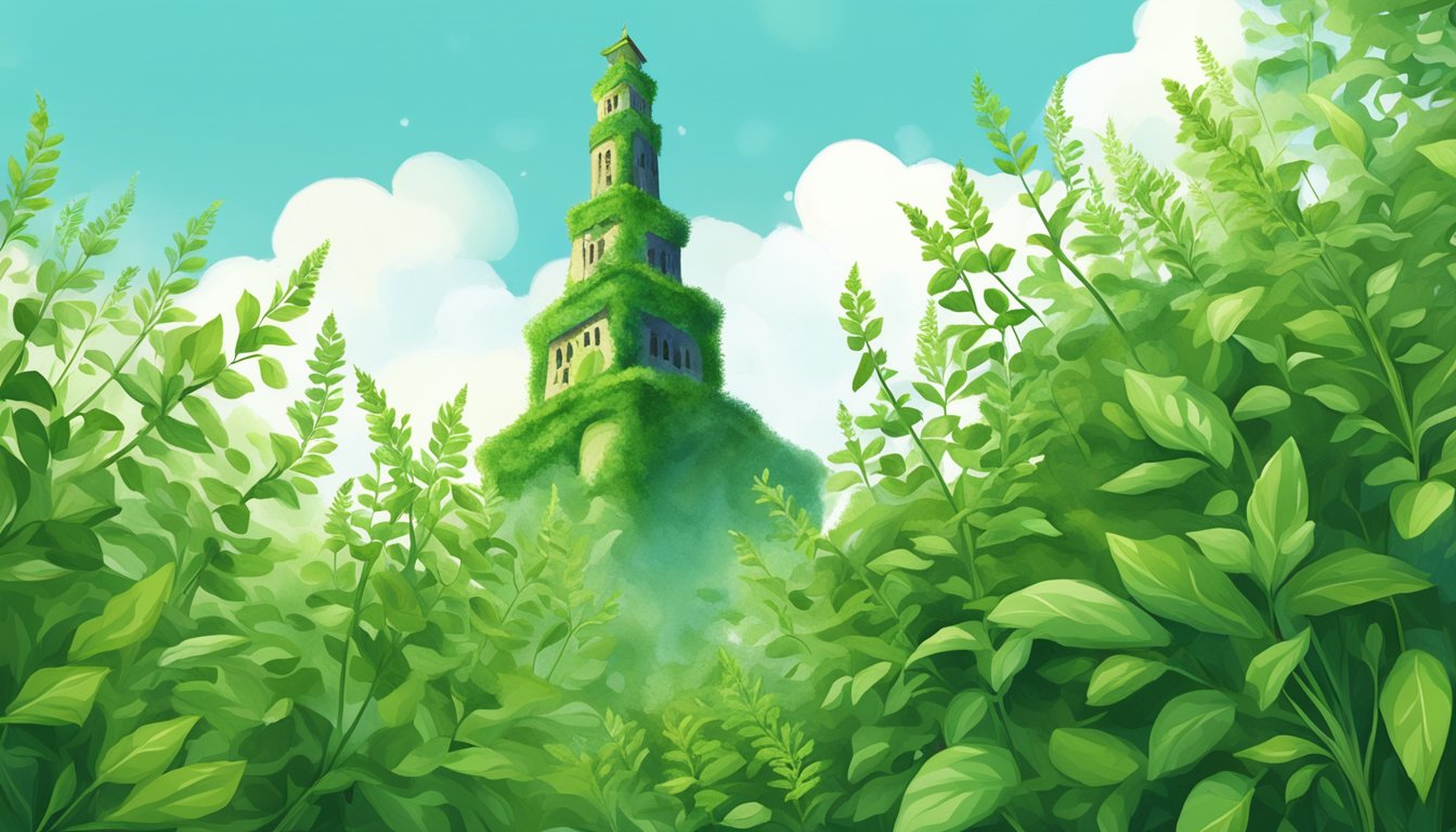A tower made of herbs and plants in a lush green landscape.