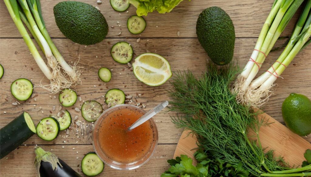 Fresh ingredients for a herb vinaigrette, including avocados, green onions, cucumbers, lemon, dill, and a bowl of vinaigrette on a wooden surface.