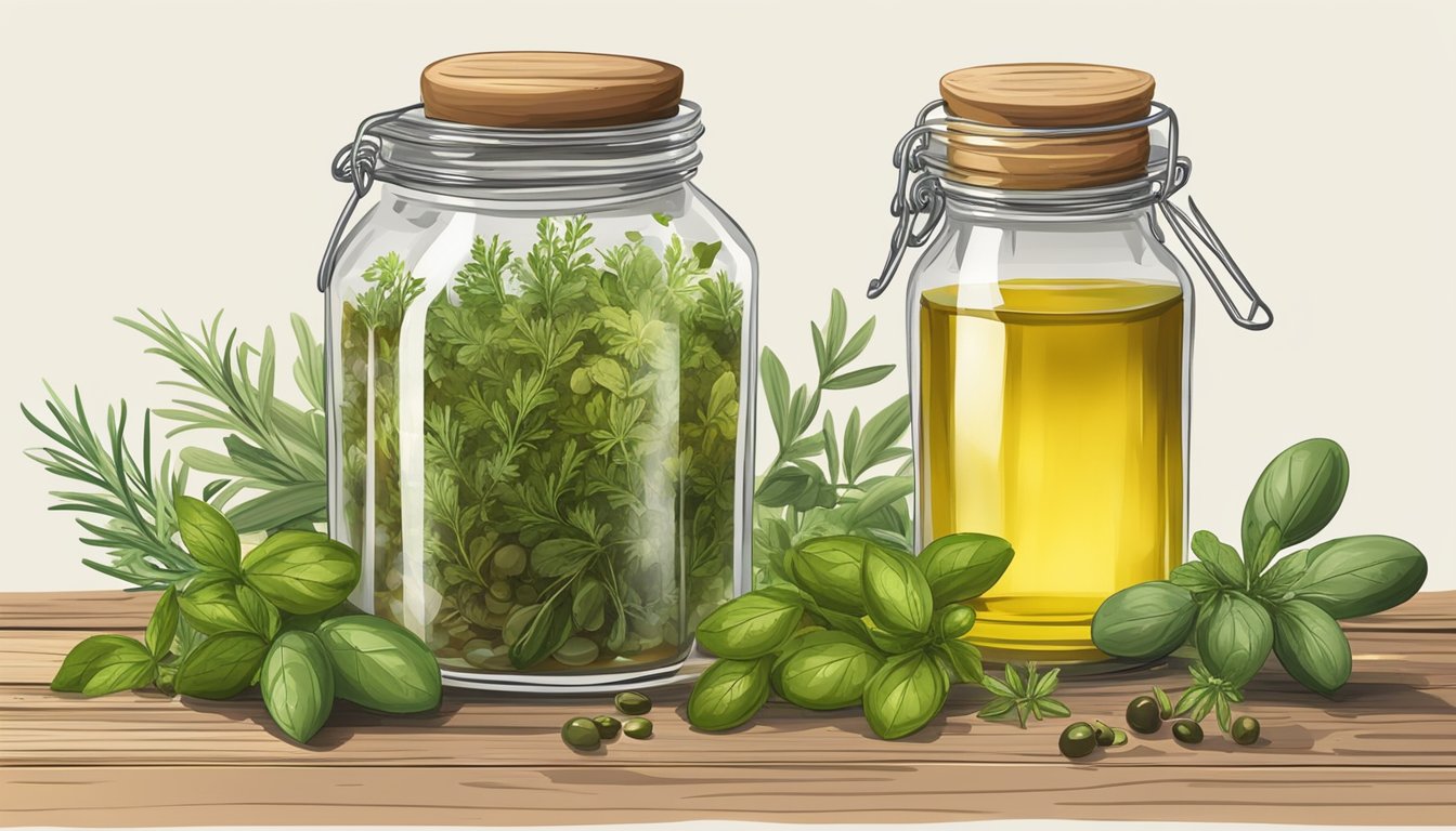 Illustration of two jars filled with herbs and vinaigrette on a wooden surface.