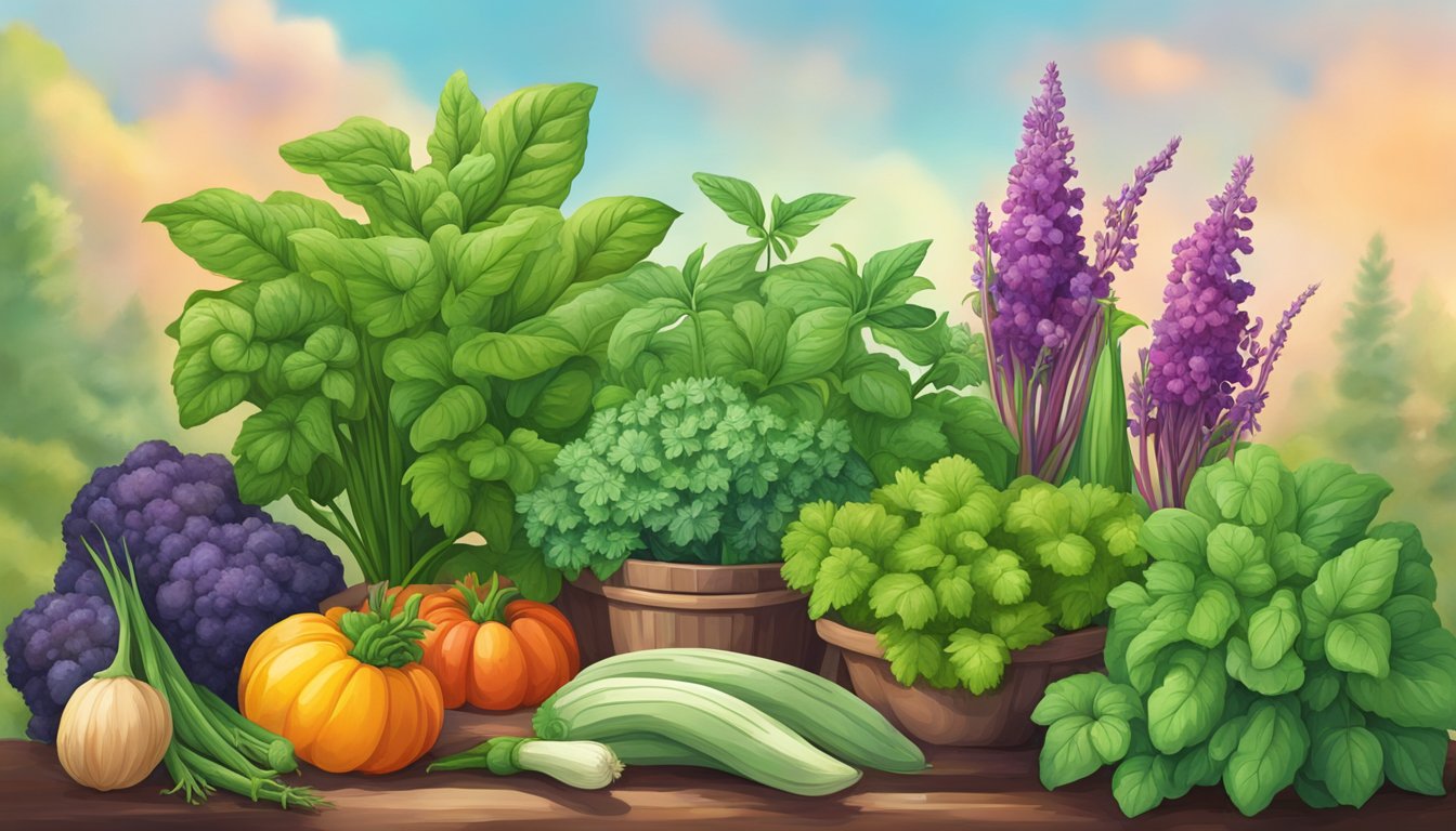 A colorful illustration of various herbs and vegetables including basil, mint, parsley, pumpkins, garlic, onions, zucchini and purple flowers against a serene outdoor backdrop.