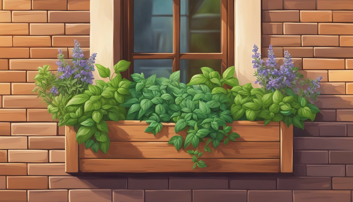 A window box filled with herbs and flowers on a brick wall.